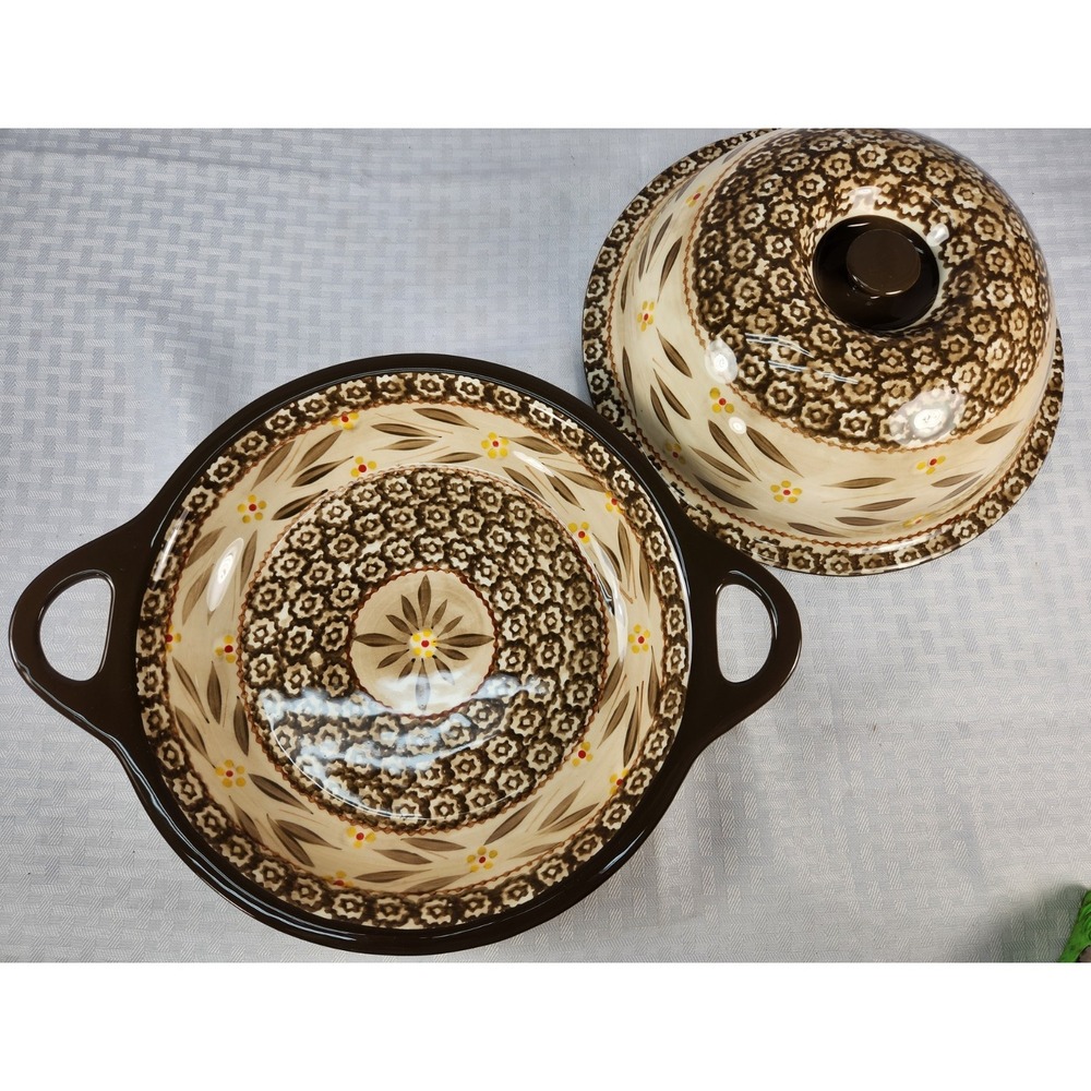 Set‎ 2 Temptations By TARA Old World Brown Yellow Pie Dish & Lid / Serving Bowl